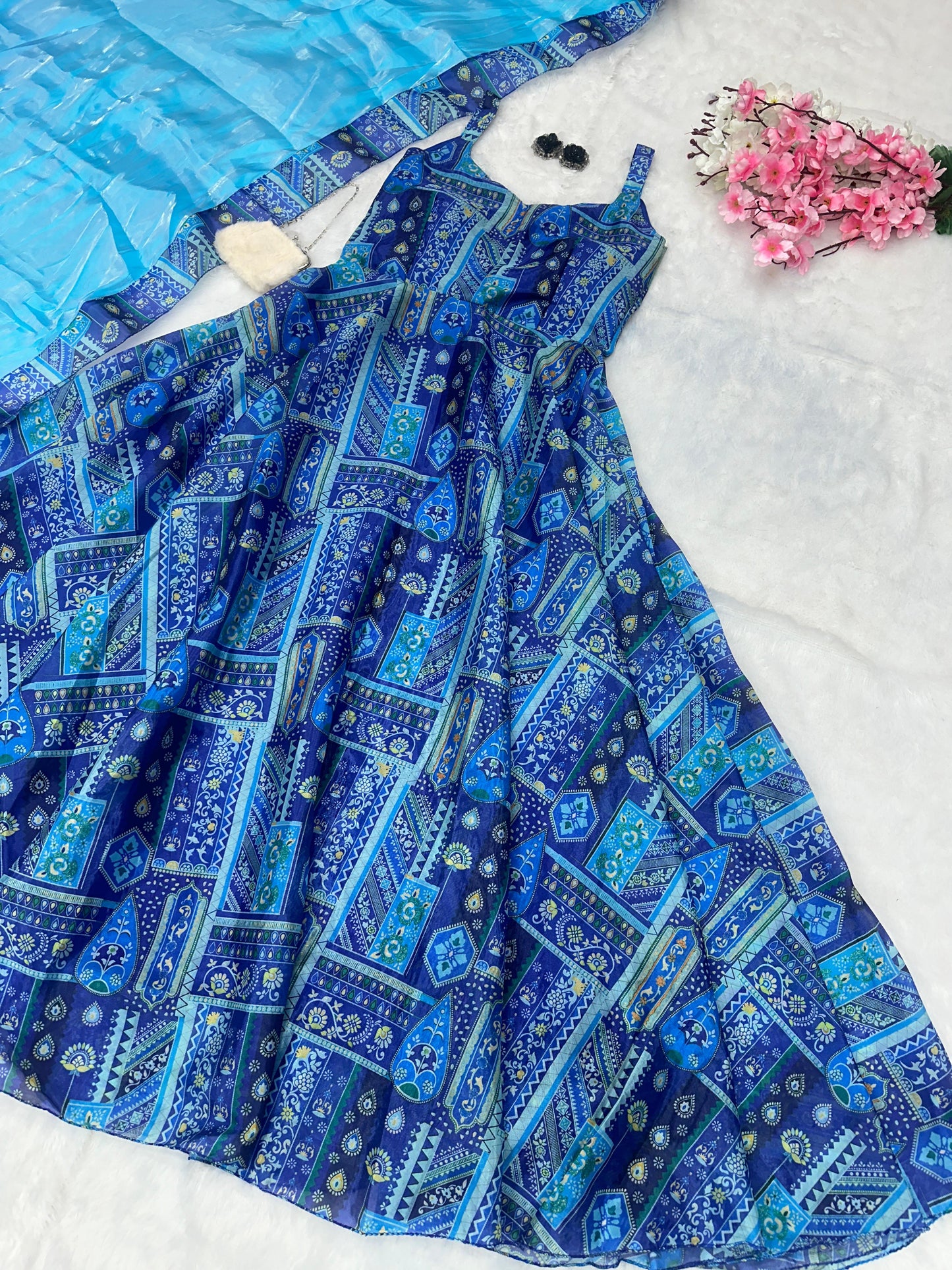Party Wear Aqua Blue Color Pure Jimmy Organza Silk Digital Printed Anarkali Gown