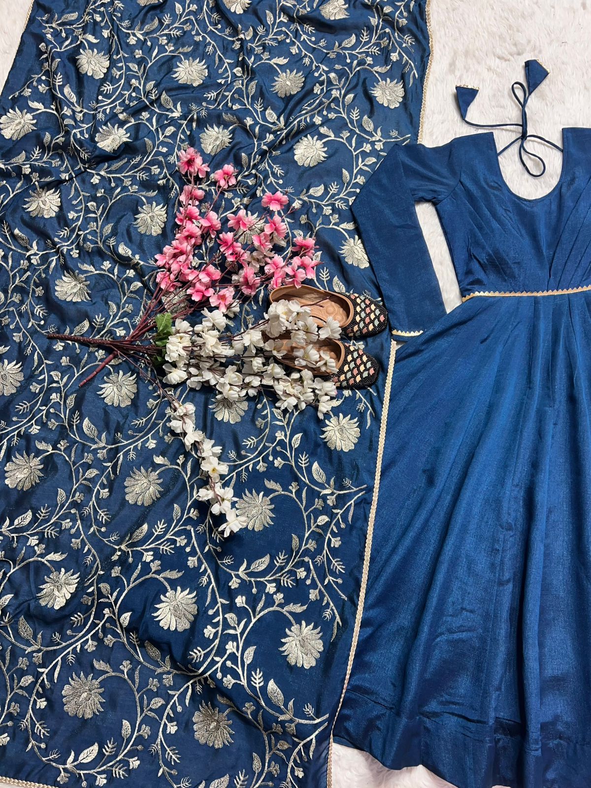 Trendy Teal Color Simmar Vichitra Silk Beautiful Designer Anarkali Gown