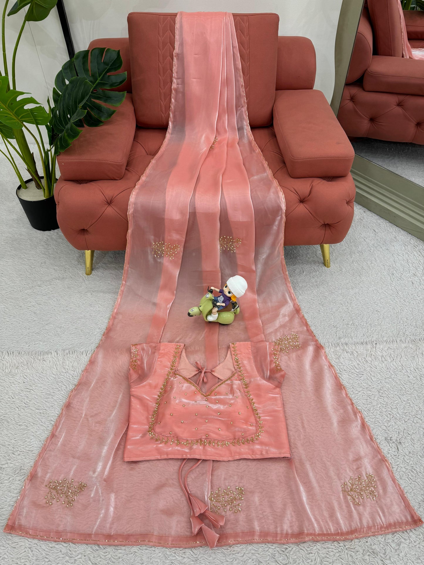 Fabulous Peach Color Jimmy Choo Silk With Hand Work Beautiful Organza Saree