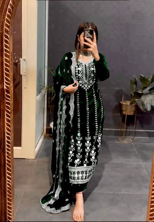 Beautiful Green Color Velvet 5mm Sequence Work Salwar Suit