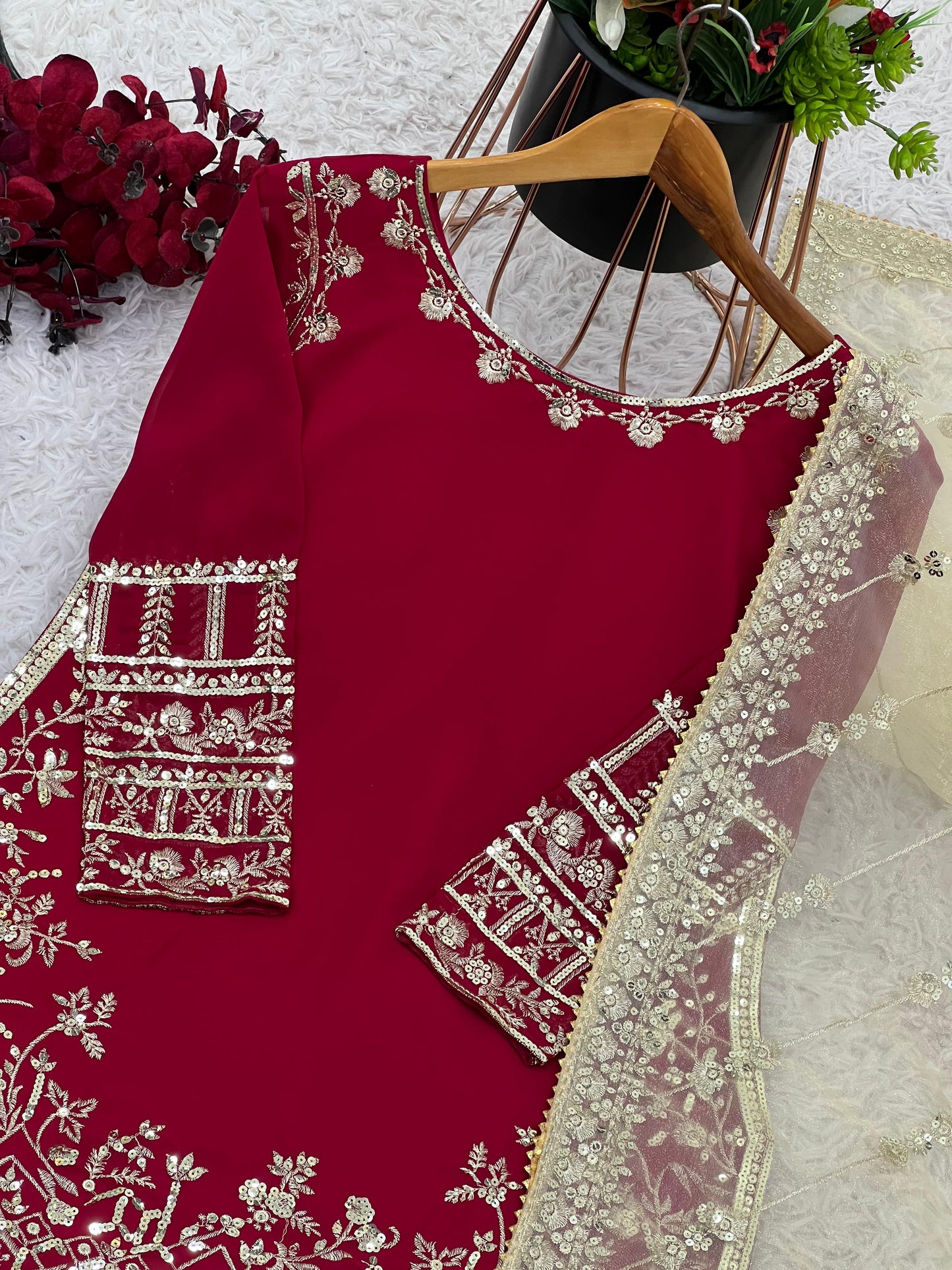 Wedding Wear Red Color Heavy Faux Georgette With 5mm Embroidery Sequence Work Designer Sharara Suit