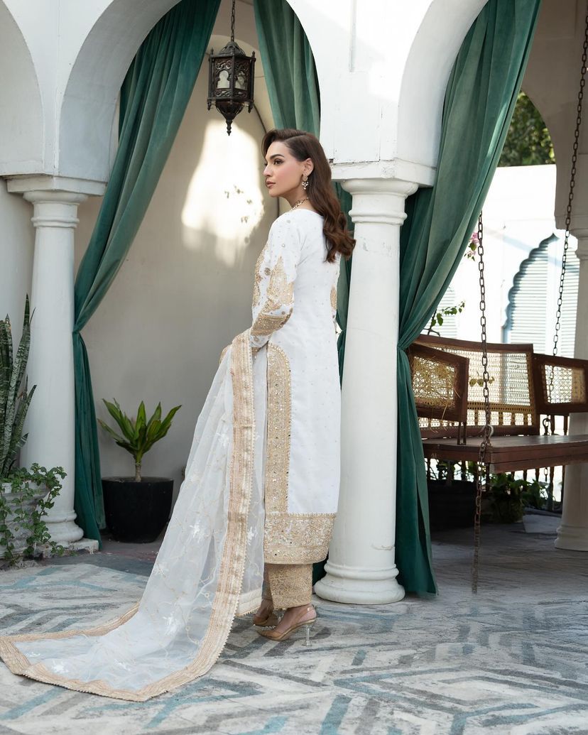 Precious Embroidery Sequence Velvet White Color Salwar Suit