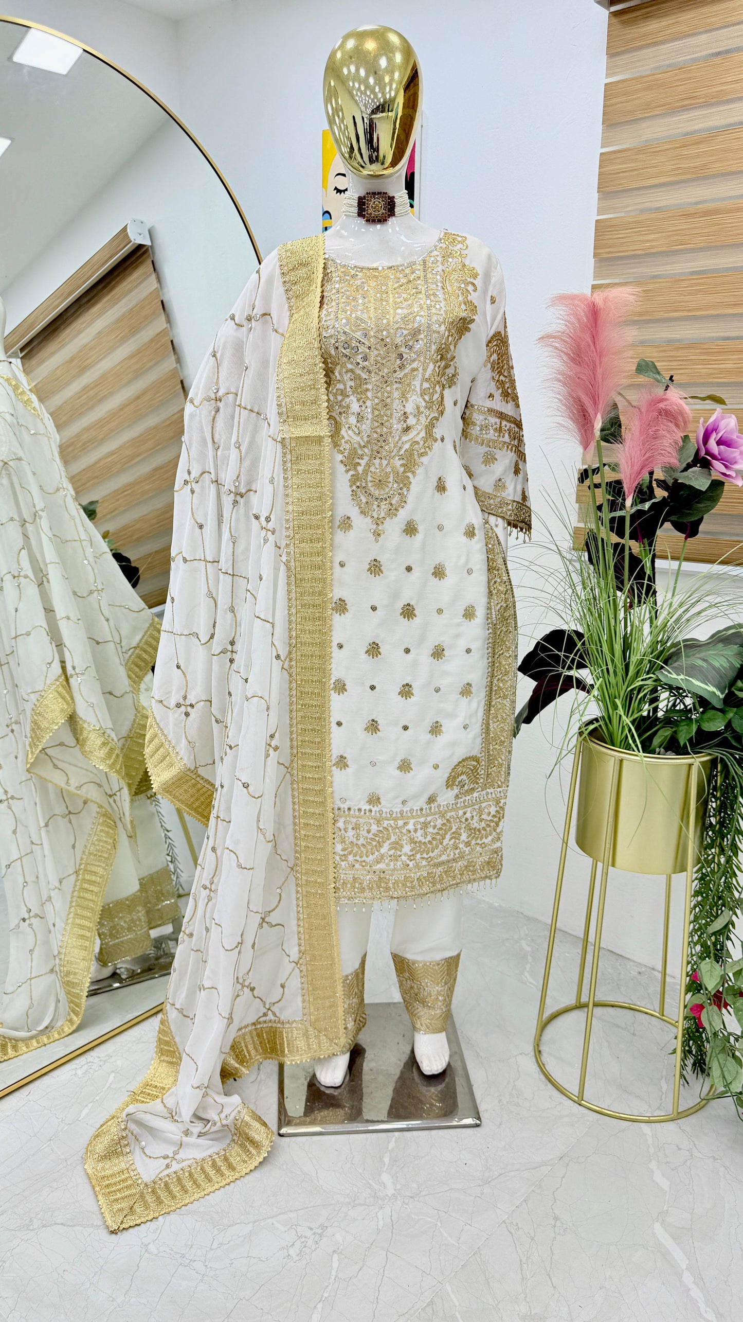 Precious Embroidery Sequence Velvet White Color Salwar Suit
