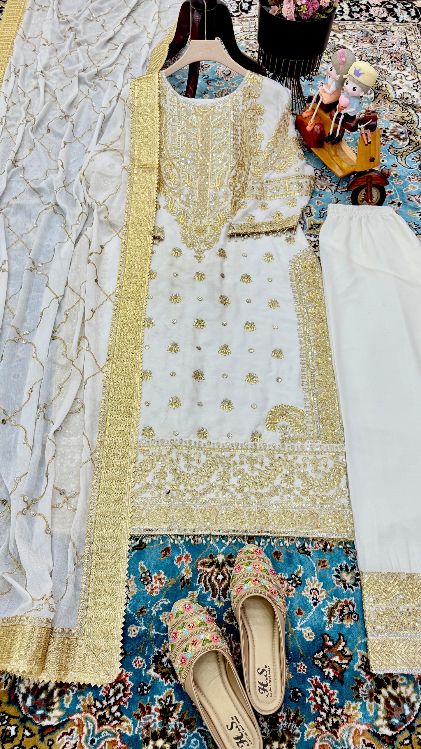 Precious Embroidery Sequence Velvet White Color Salwar Suit