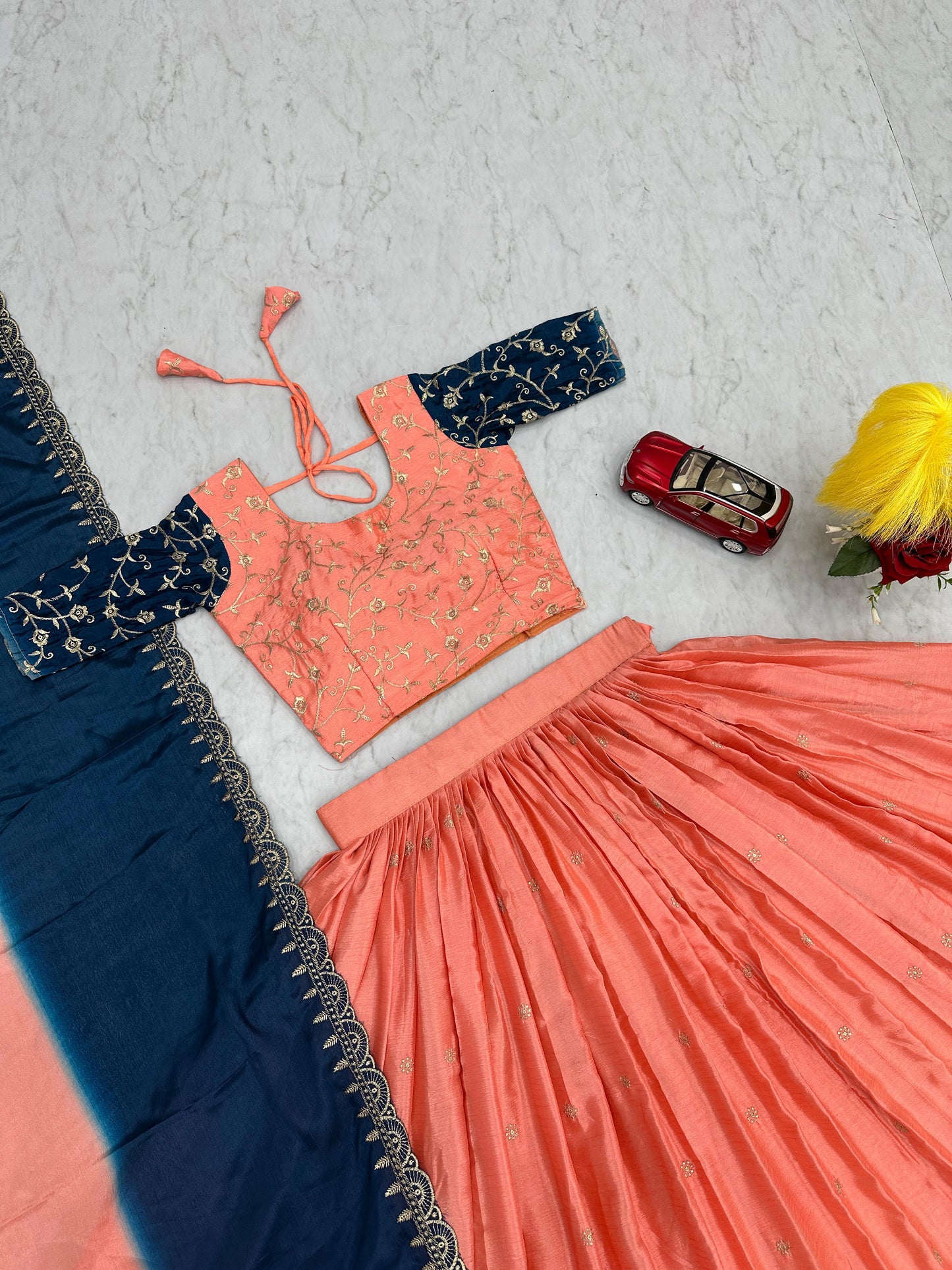Fashionable Peach And Blue Color Chinon And Embroidery Thread Work Lehenga Choli