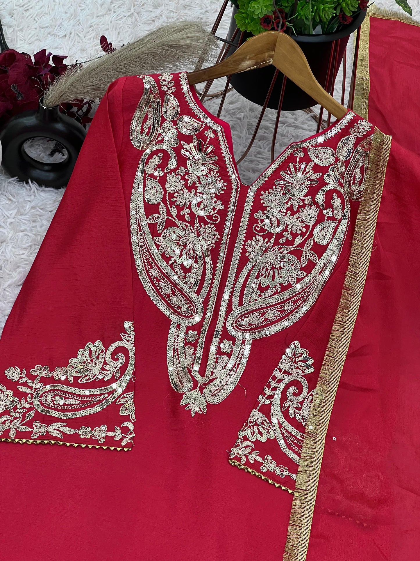 Wedding Wear Red Color Pure Chinon Silk With Embroidery Sequence Work Salwar Suit