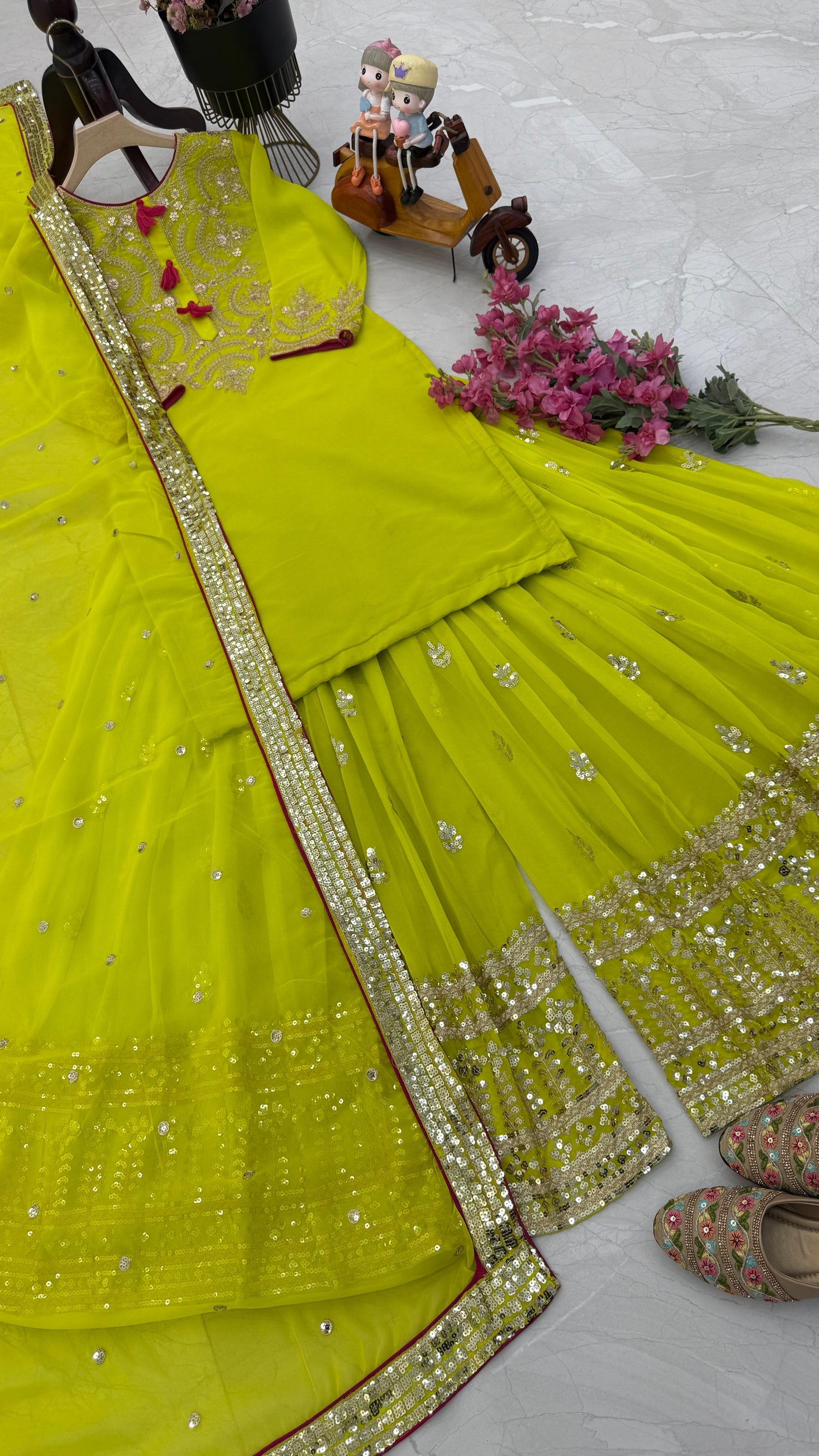 Exclusive Parrot Green Color Faux Georgette With Codding Sequence Embroidery Designer Palazzo Suit