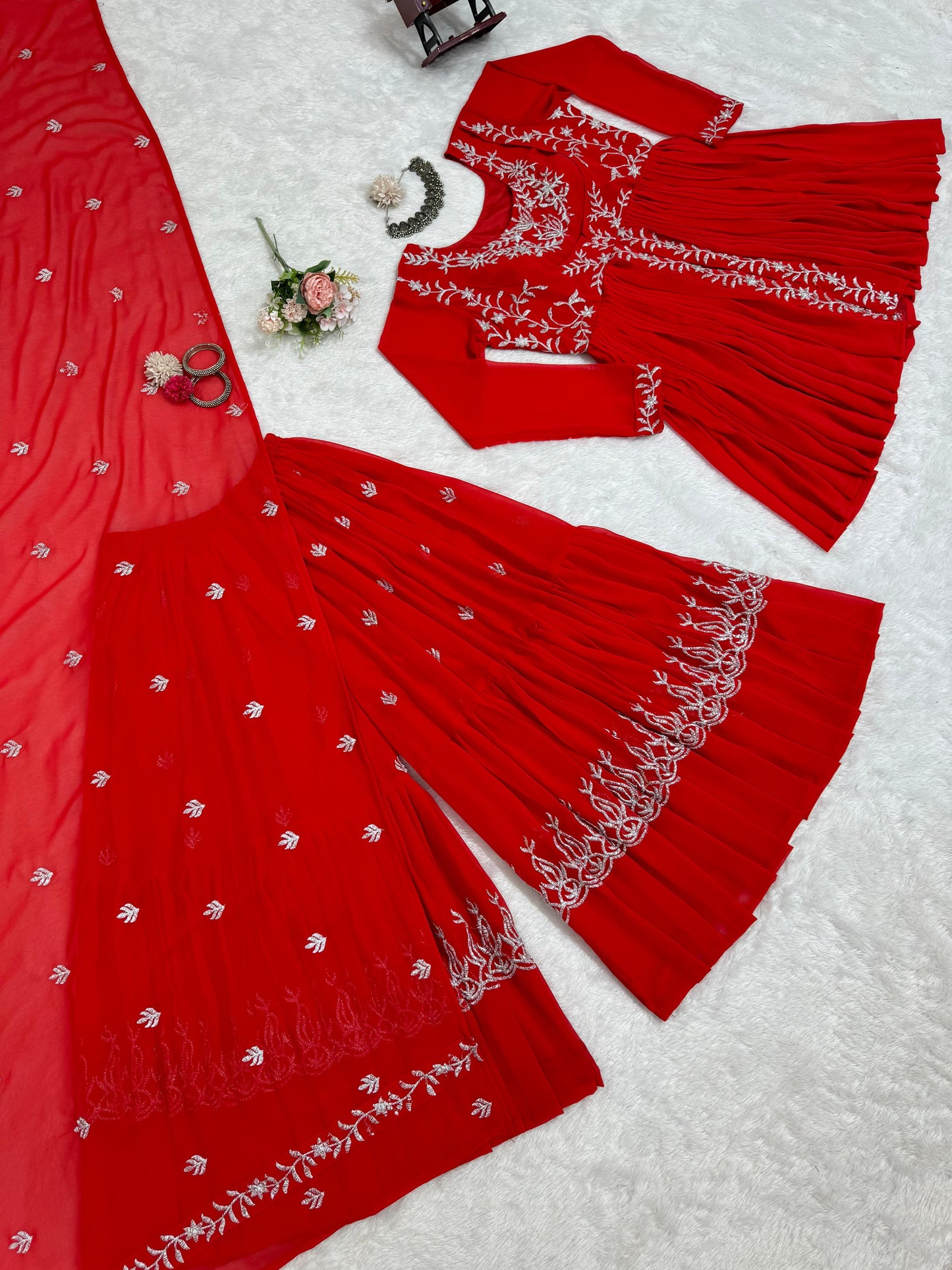 Attractive Red Color Faux Georgette With Thread Work Beautiful Sharara Suit