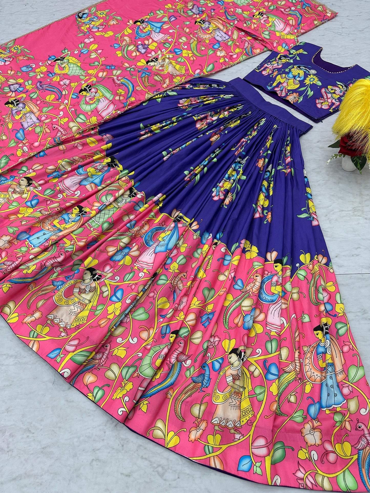 Glorious Pink And Blue Color Cotton And Kalamkari Printed Beautiful Lehenga Choli