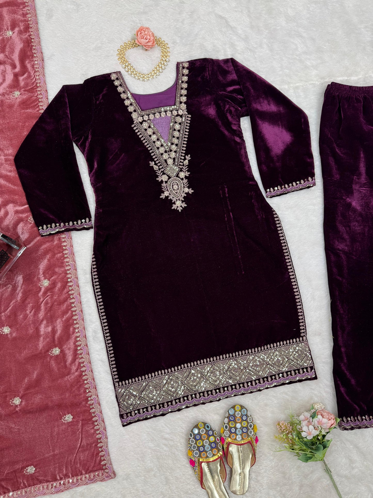 Charming Wine Color Viscos Velvet And Thread With Sequence Designer Velvet Salwar Suit