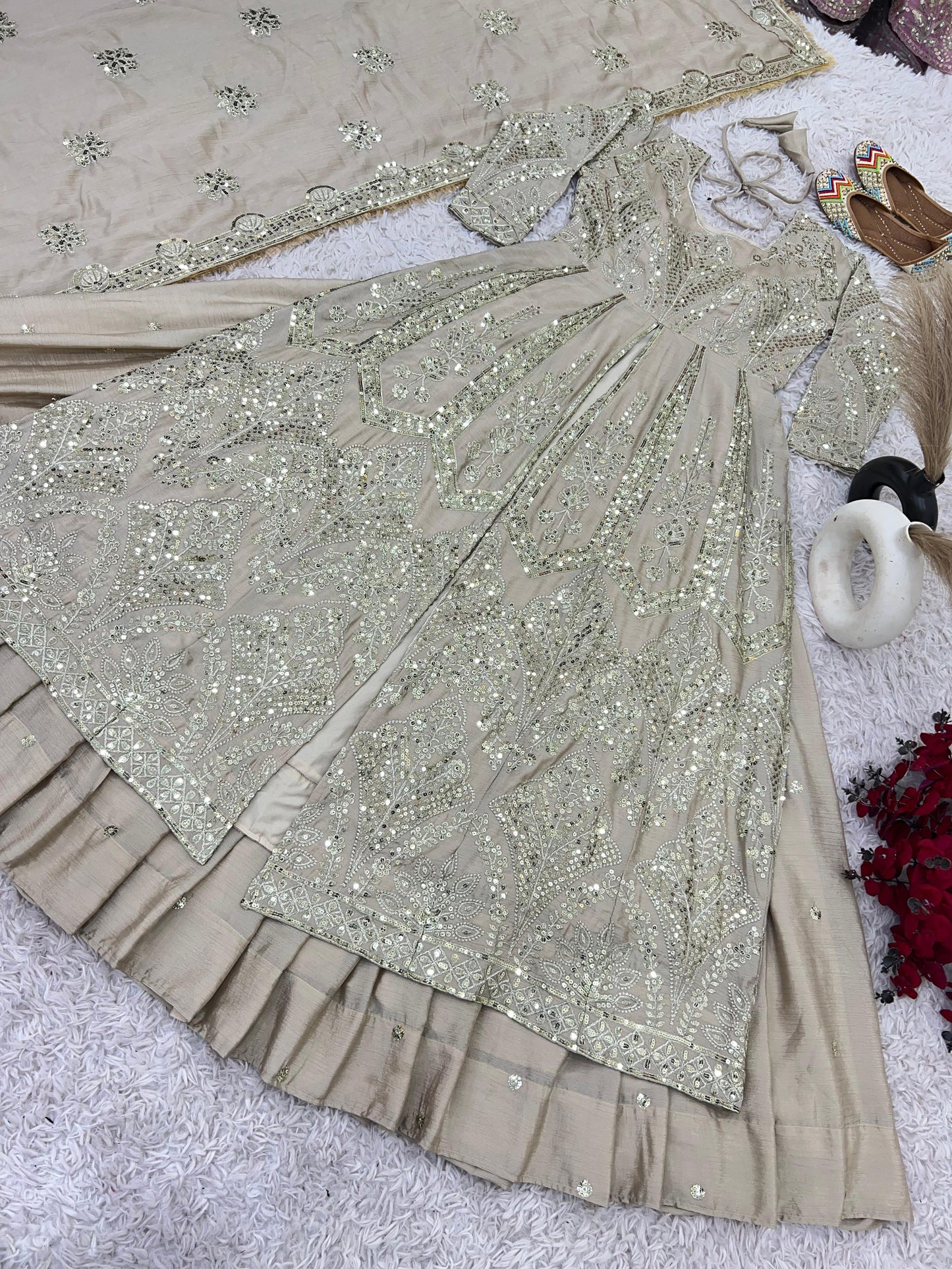Marvelous Brown Color Pure heavy Chinon Silk With Heavy Embroidery Sequence Work Designer Top With Lehenga