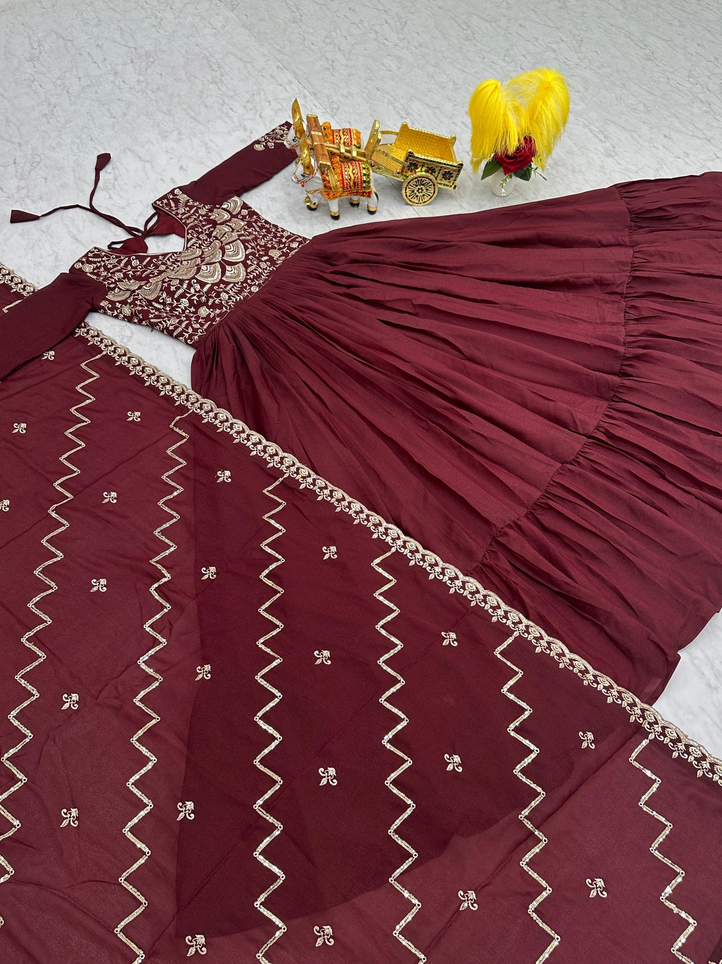 Admiring Maroon Color Pure Georgette With Heavy Sequence Embroidery Work Designer Gown