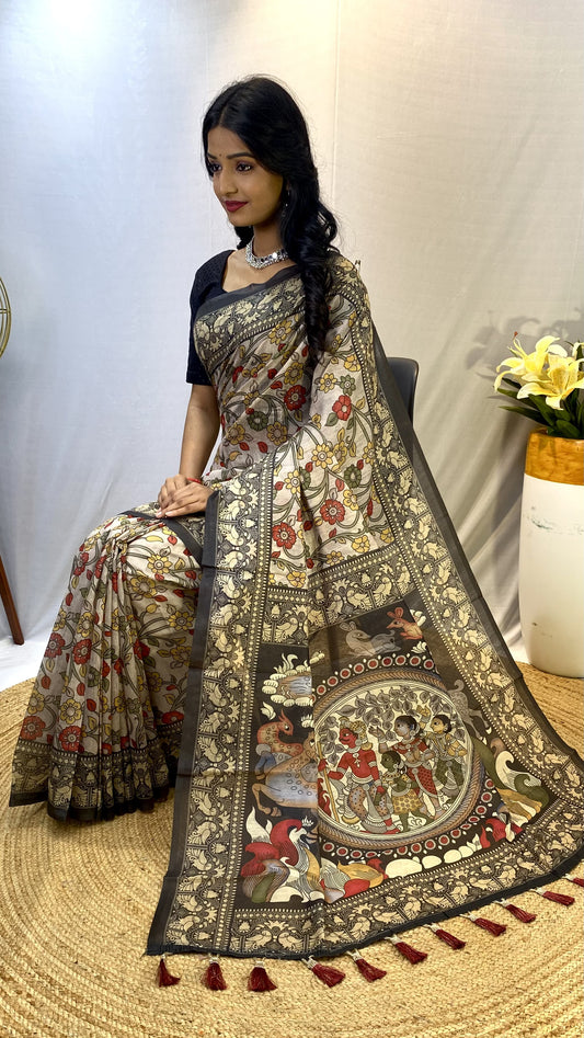 Attractive Cotton Chanderi Cream & Black Border Saree