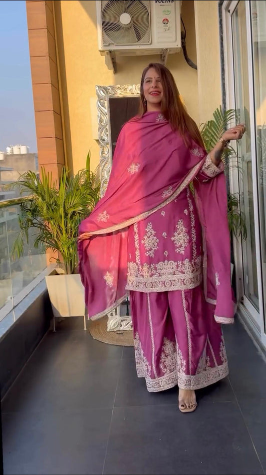 Trendy Chinnon Silk Sequence Work Pink Color Sharara Suit