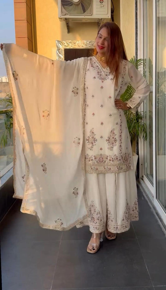 Trendy Chinnon Silk Sequence Work White Color Sharara Suit