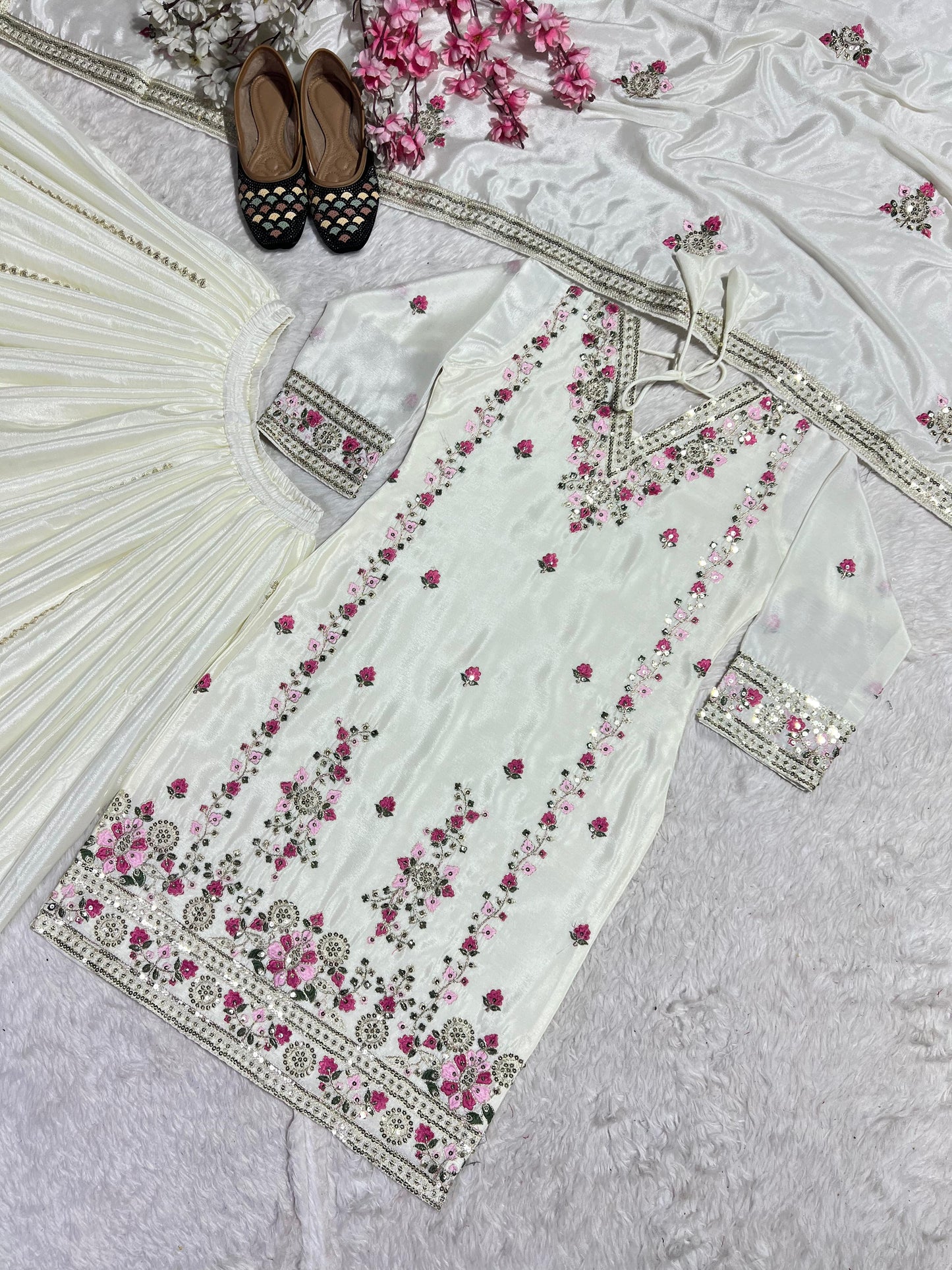 Trendy Chinnon Silk Sequence Work White Color Sharara Suit