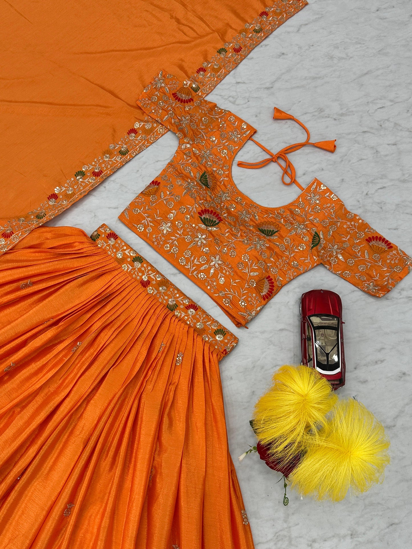 Party Wear Orange Color Chinon And Embroidery Thread With Sequence Work Designer Lehenga Choli