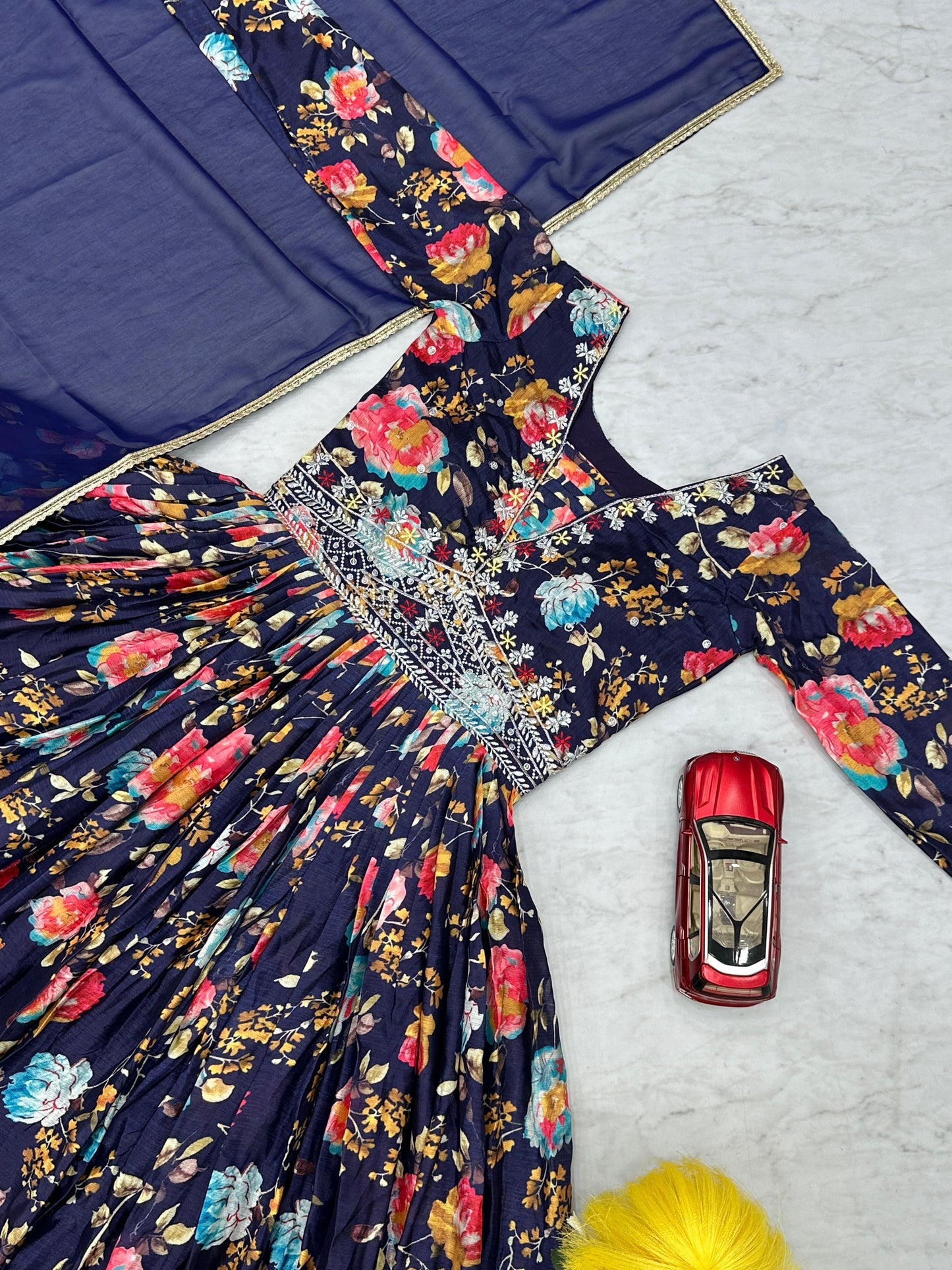 Presenting Navy Blue Color Chinon And Digital Print With Embroidery Work Designer Gown