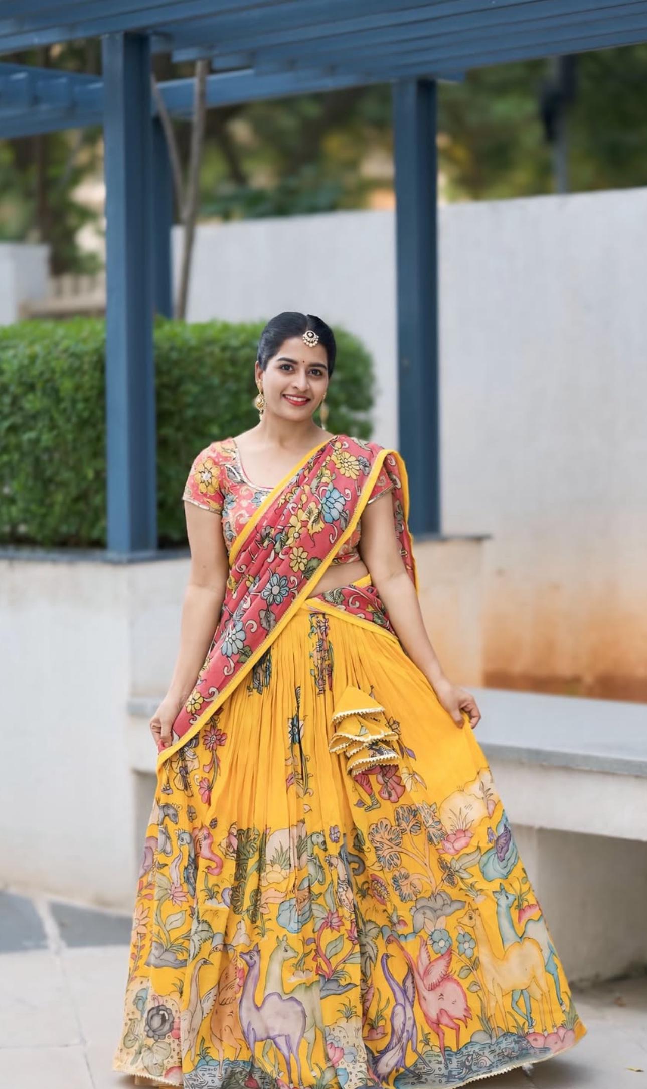 Haldi Special Yellow Color Cotton With Kalamkari Printed Beautiful Lehenga Choli
