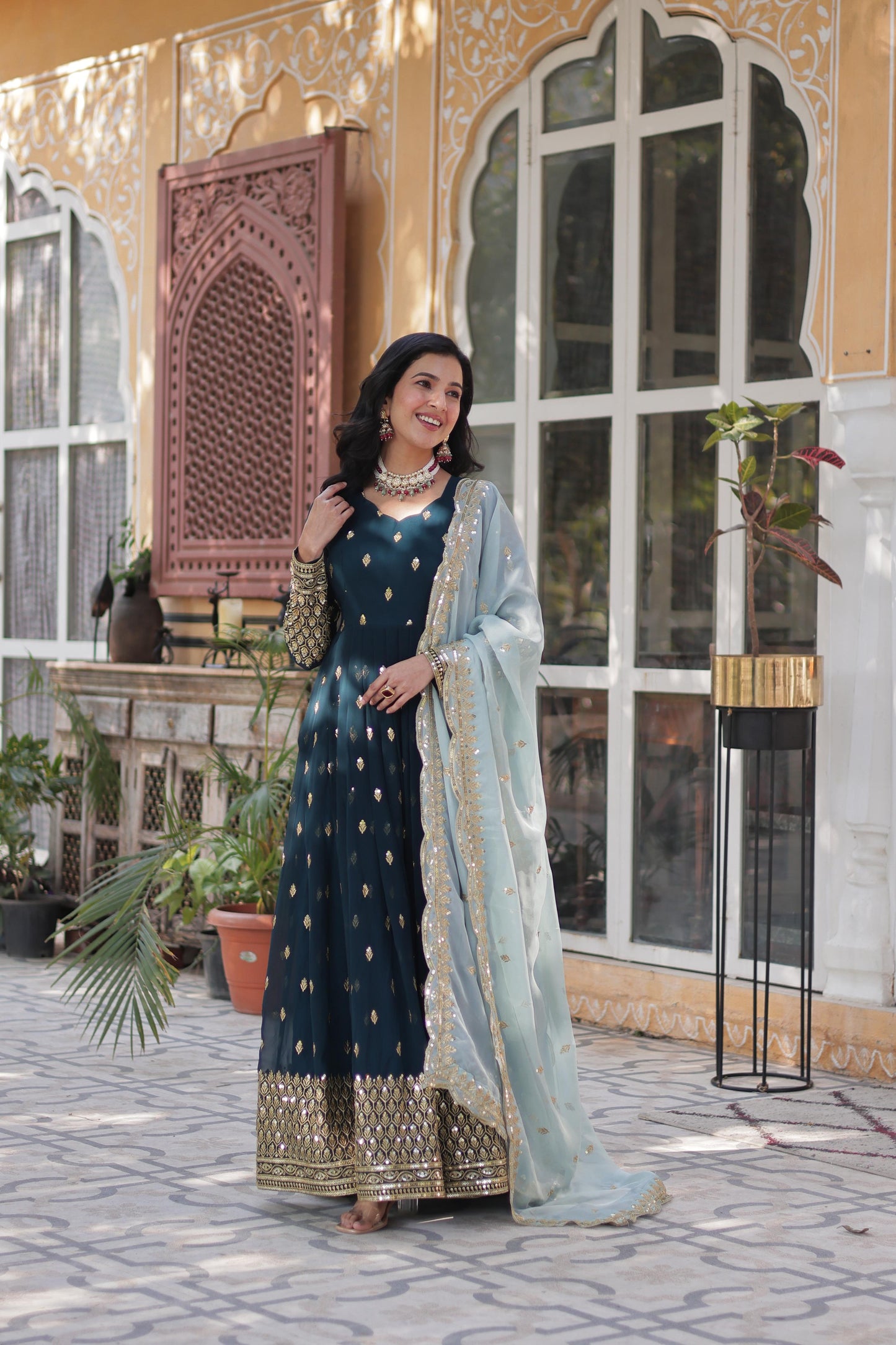 Party Wear Teal Green Color Faux Blooming With Embroidery Zari Sequin Work Designer Gown