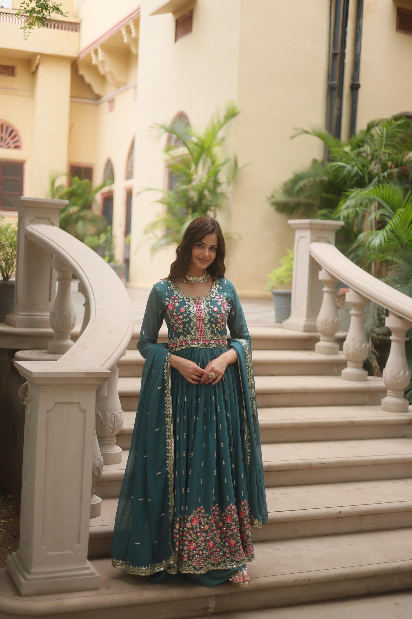 Stunning Teal Green Color Faux Georgette With Rich Sequins Embroidered Work Kurti With Sharara