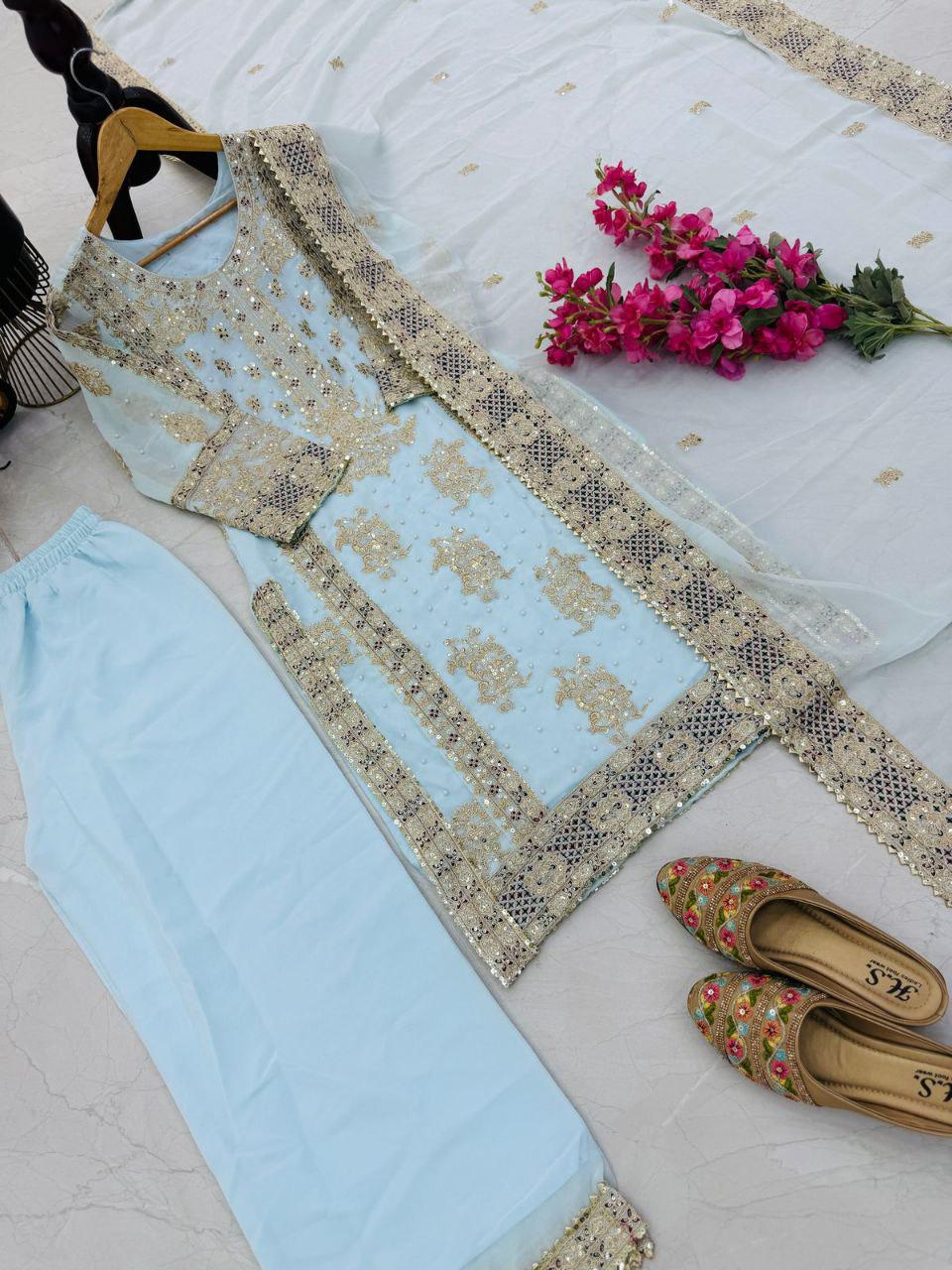 Ceremony Wear Sky Blue Color Heavy Fox Georgette With Codding Sequence Embroidery Work Salwar Suit