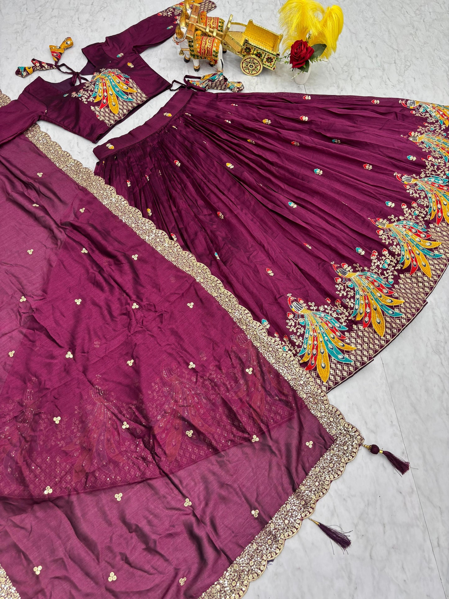Traditional Wear Wine Color Pure Vichitra Embroidery With Sequence And Thread Work Lehenga Choli