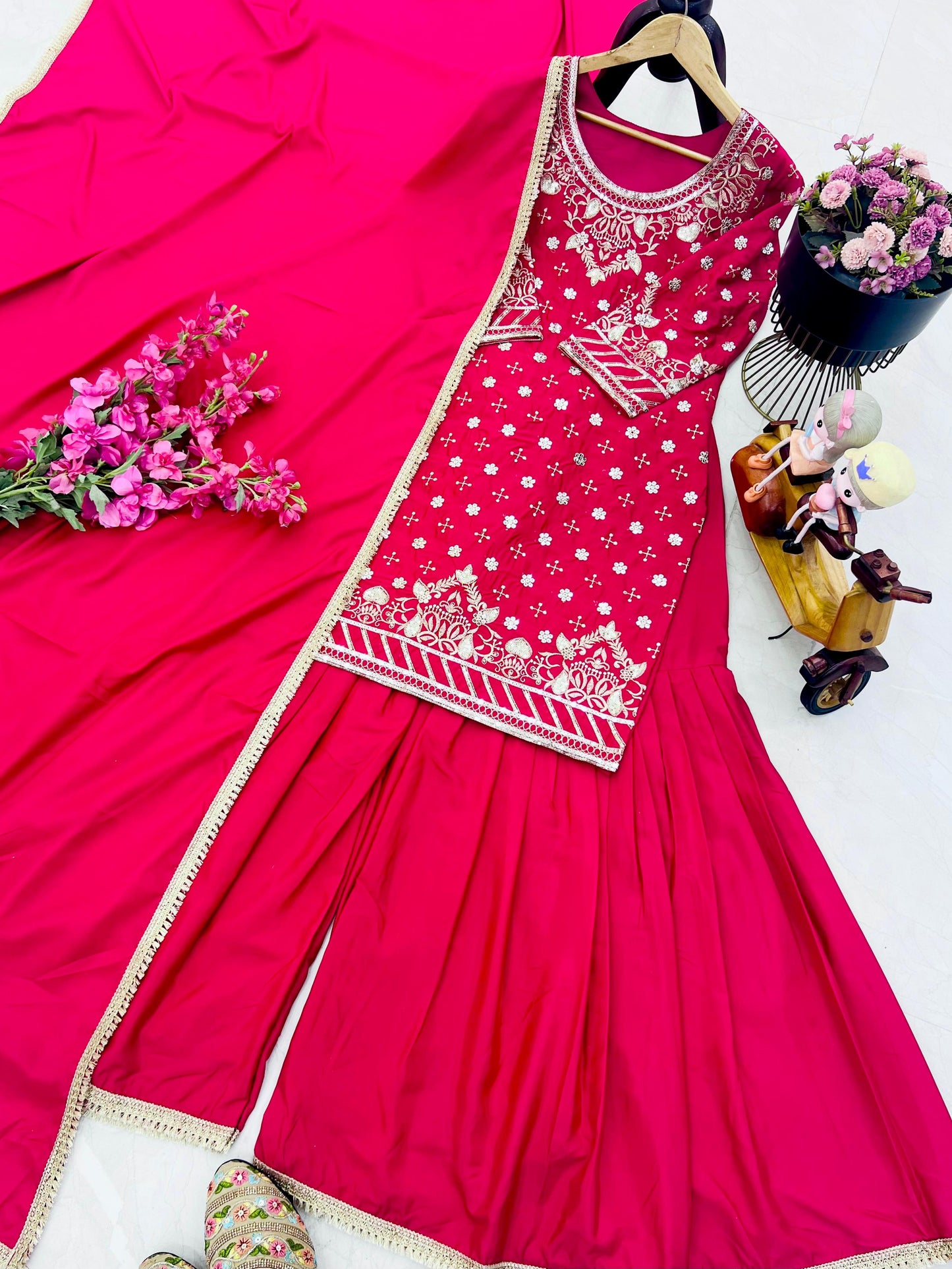 Occasion Wear Pink Color Natural Crepe Fine Embroidery With Sequin Work Beautiful Sharara Suit
