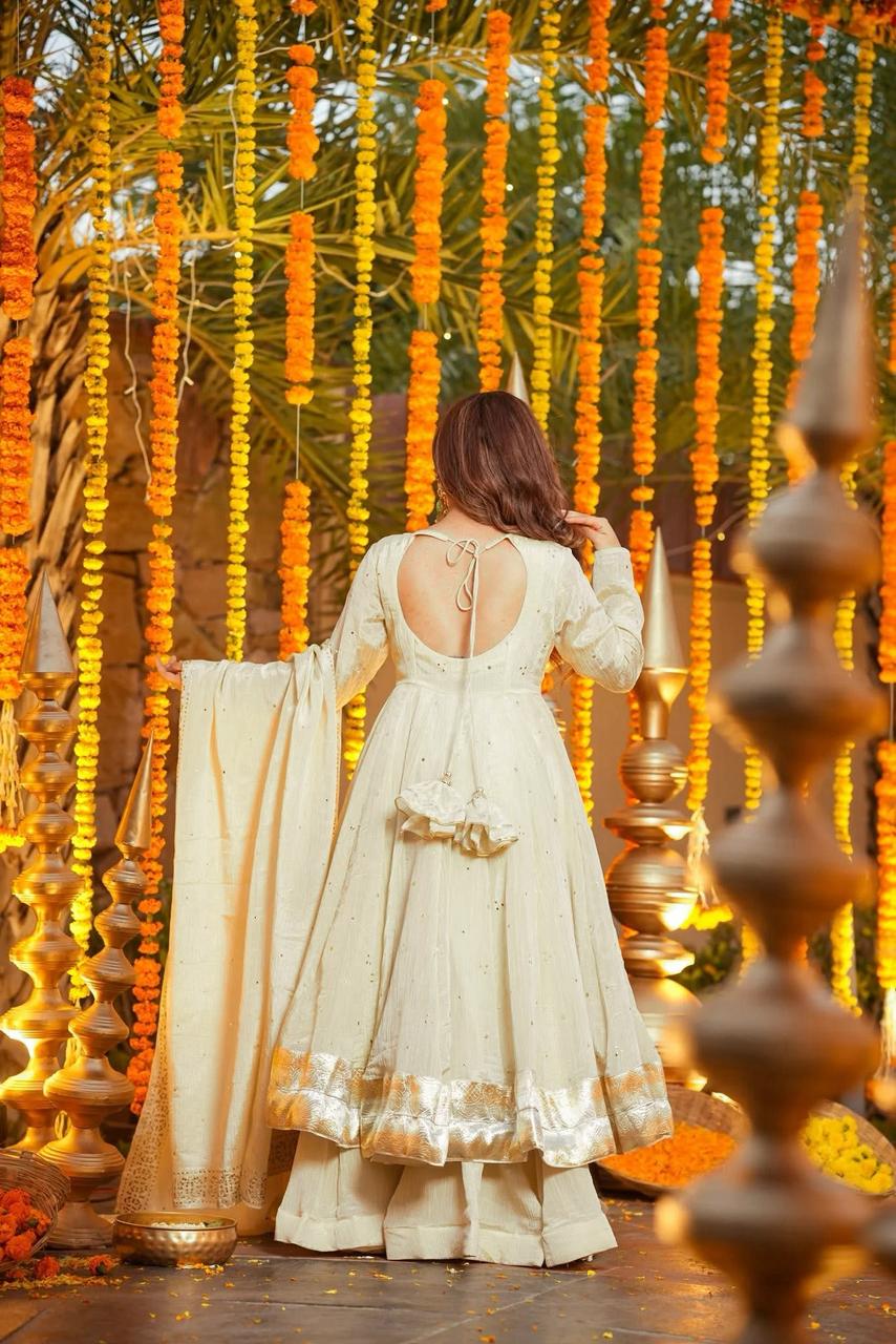 Weddings Wear Off White Chinon Silk Neha's Wear Palazzo Suit Set