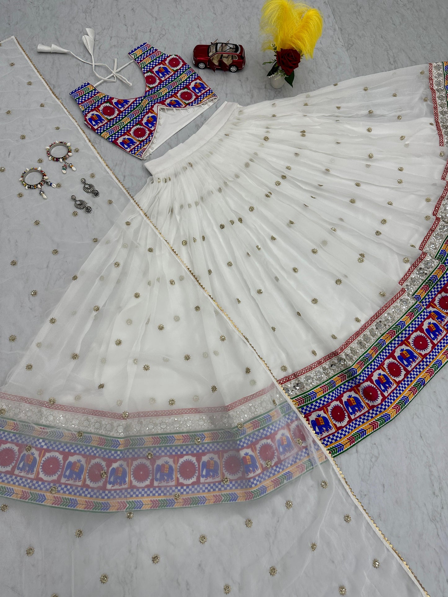 Traditional Wear White Color Georgette Heavy Gamthi Work Navratri Lehenga Choli