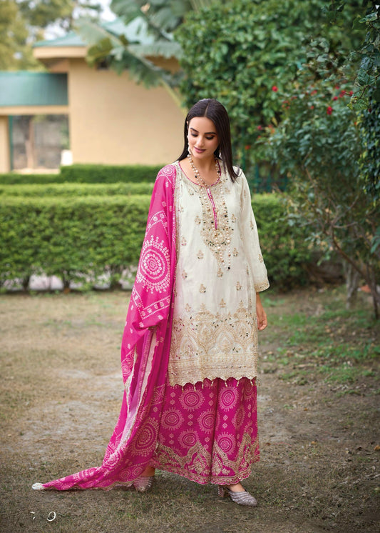 Demanding Heavy Work White Color Sharara Suit With Pink Dupatta