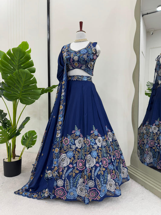 Chinon Silk Sequnce Work Blue Color Lehenga Choli