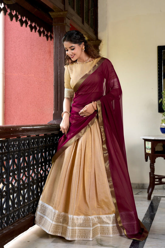 Awesome Kanchipuram Beige Color Lehenga Choli