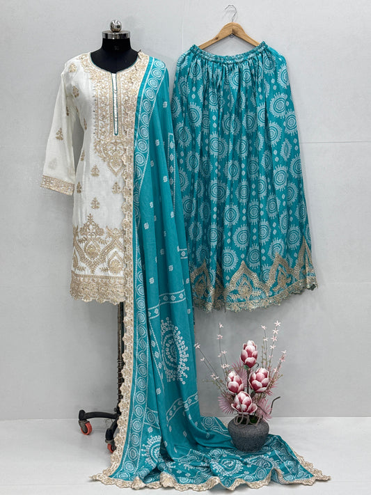 Demanding Heavy Work White Color Sharara Suit With Blue Dupatta