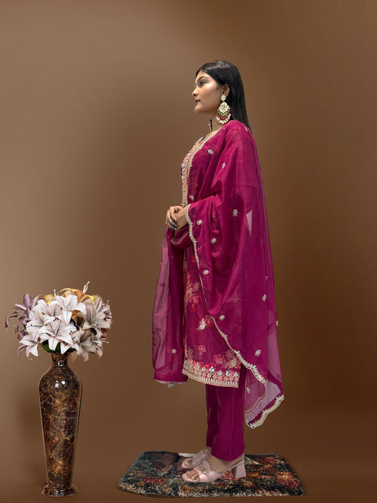 Flattering Sequence Heavy Stone Mirror Hand Work Wine Color Palazzo Suit