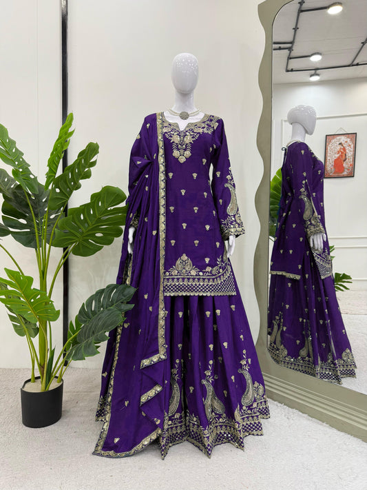 Wonderful Chinon Silk Purple Color Palazzo Suit