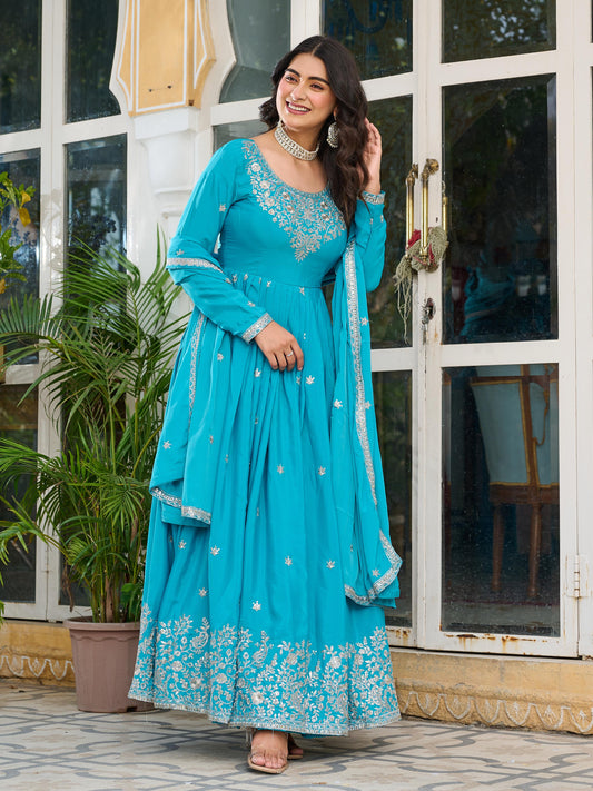 Fantastic Sequence Work Sky Blue Color Gown