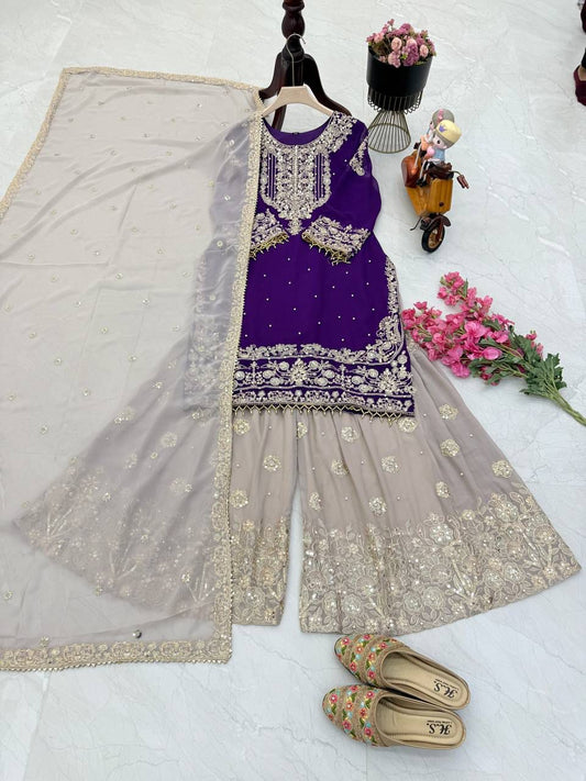 Glimmering Georgette Purple Color Sharara Suit