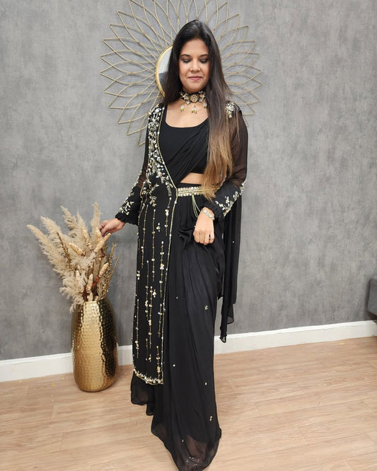 Party Wear Embroidery Work Black Color Lehenga Saree With Shurg