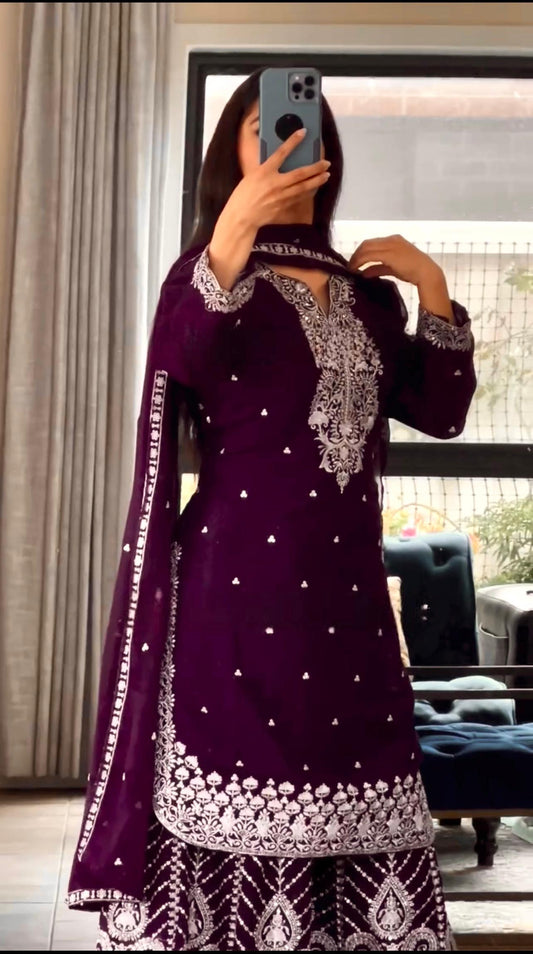 Designer Embroidery Work Wine Color Sharara Suit