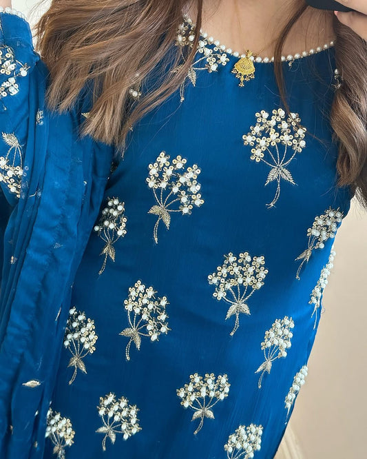 Charming Embroidery 5mm Sequence Work Blue Color Sharara Suit