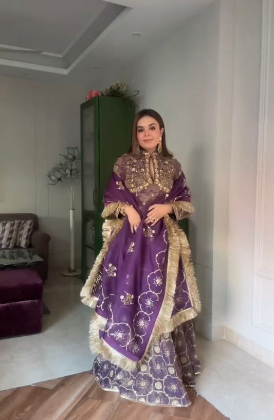 Exotic Gold Net Embroidery Work Onion Color Sharara Suit