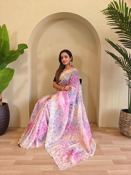 Casual Wear Light Pink Color Digital Print Organza Saree