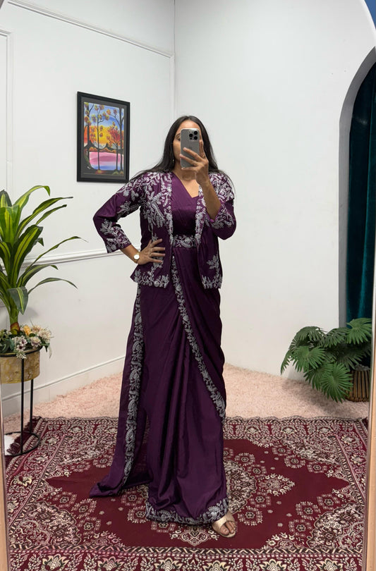 Designer Wine Color Embroidery Work Saree With Koti