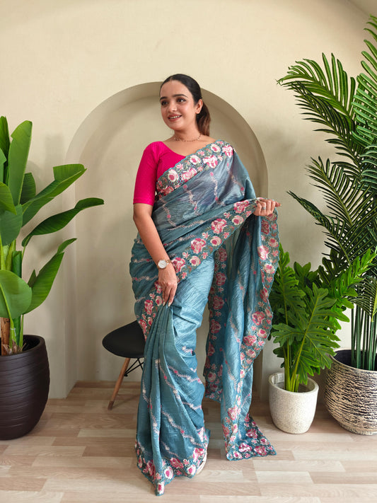 Delightful Crush Silk Teal Blue Color Saree