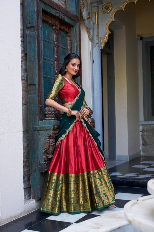 Blissful Zari Weaving Work Red & Green Color Lehenga Choli
