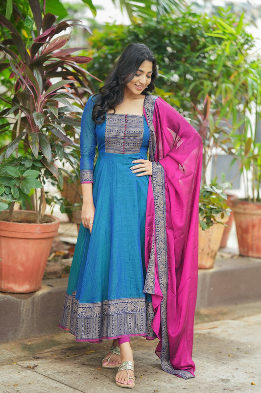 Awesome Zari Weaving Sky Blue Color Gown