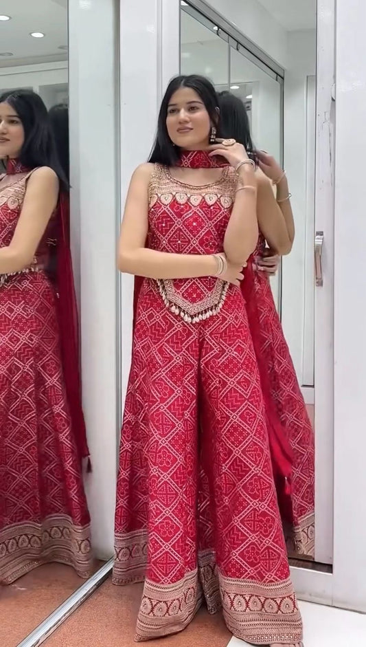 Function Wear Chinon Silk Red Color Sharara Suit