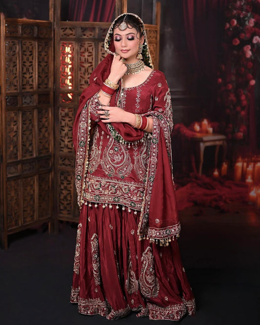 Designer Sequence Heavy Work Maroon Color Sharara Suit