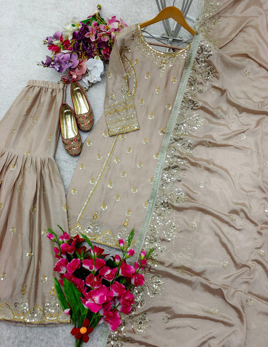 Ceremony Wear Chinon Silk Beige Color Sharara Suit